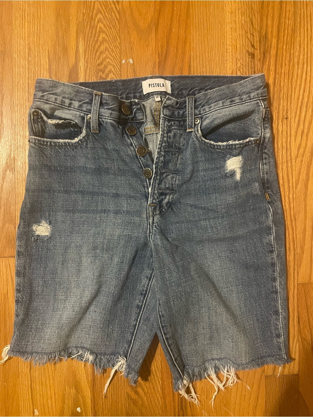 pistola Distressed Medium Blue Button-Fly Denim Shorts